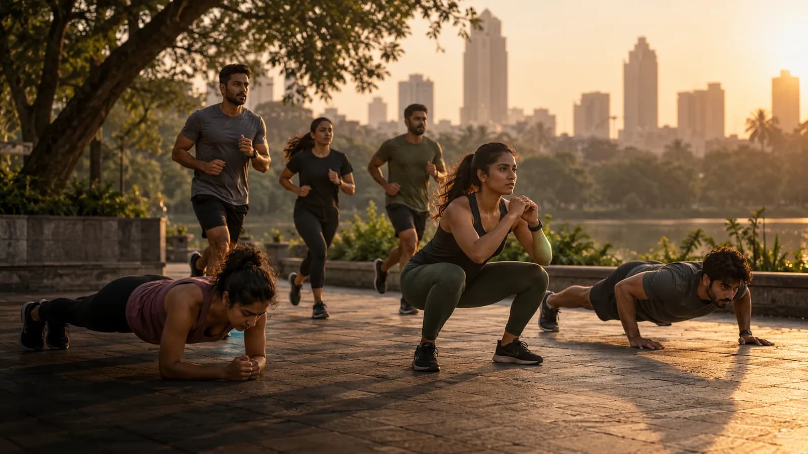 Conceptual depiction of an inclusive outdoor fitness gathering with running and bodyweight exercises