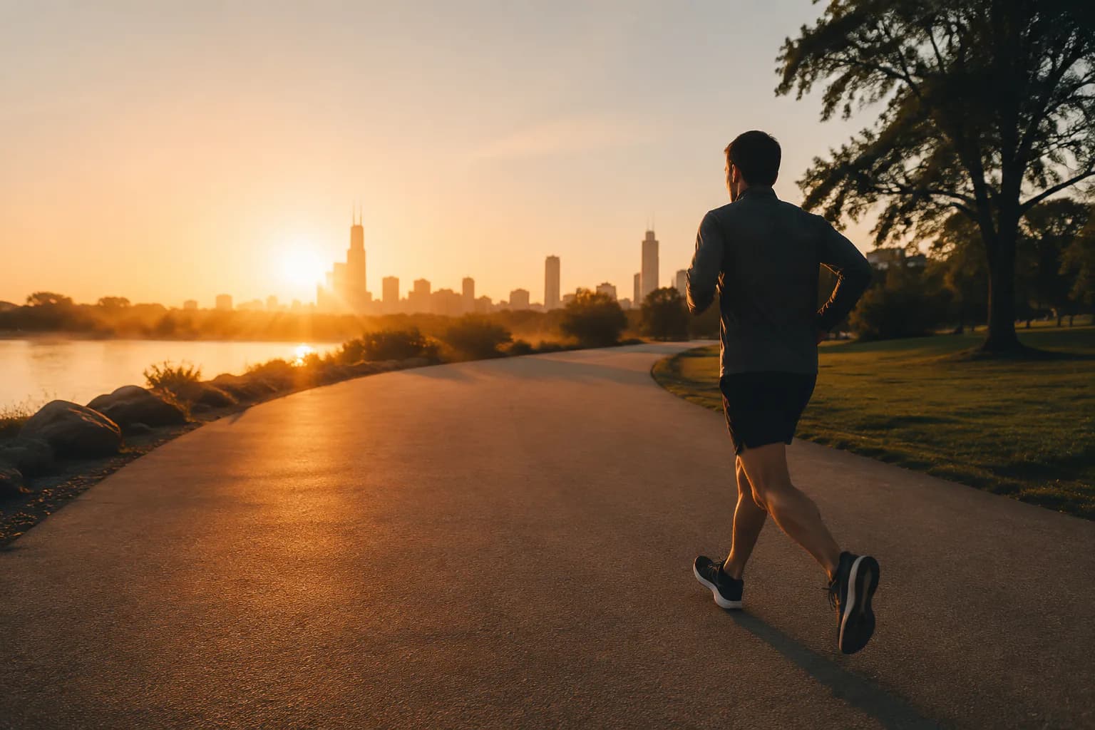 Runner moving toward sunrise along a park path