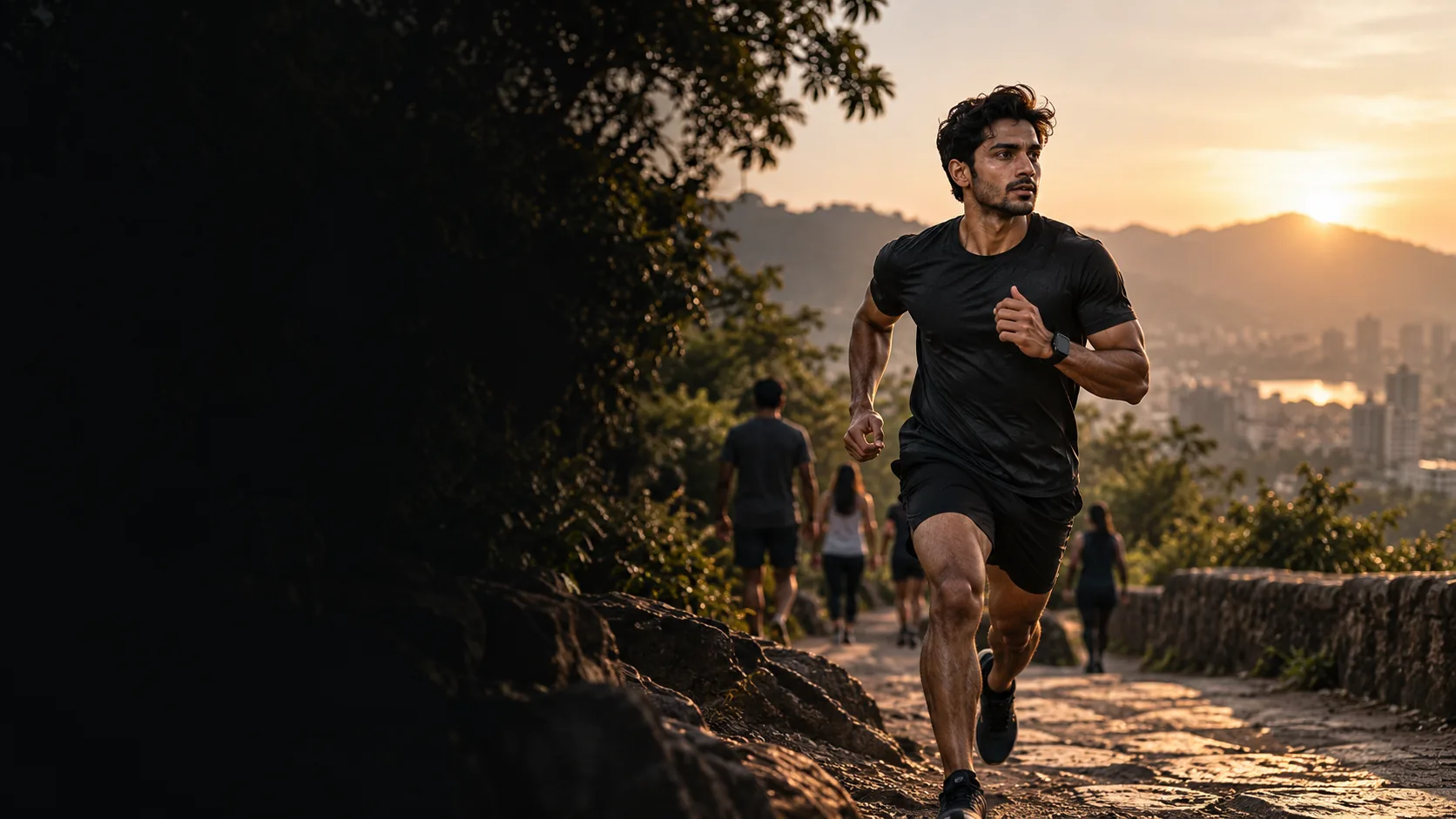 Runner moving along an outdoor trail at sunrise