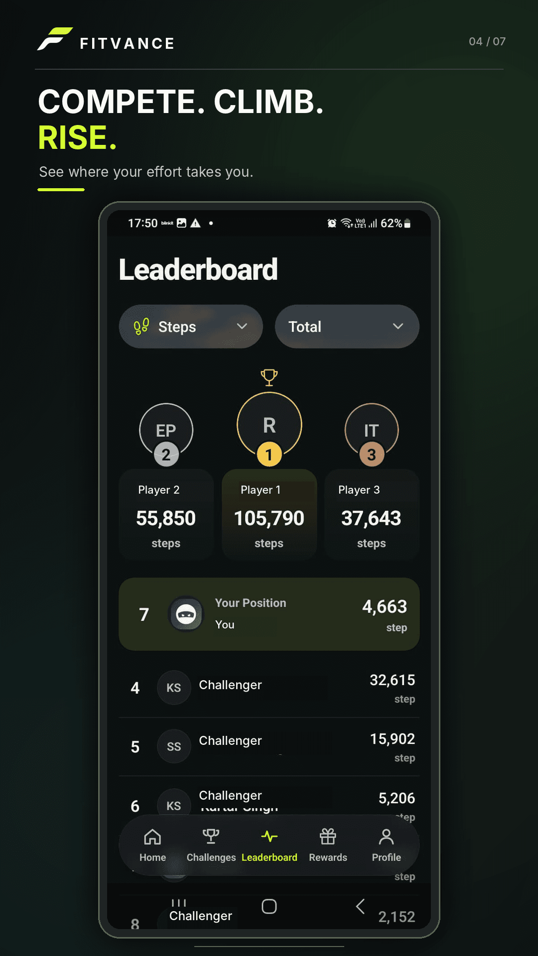 FitVance Android app: Compete And Rise